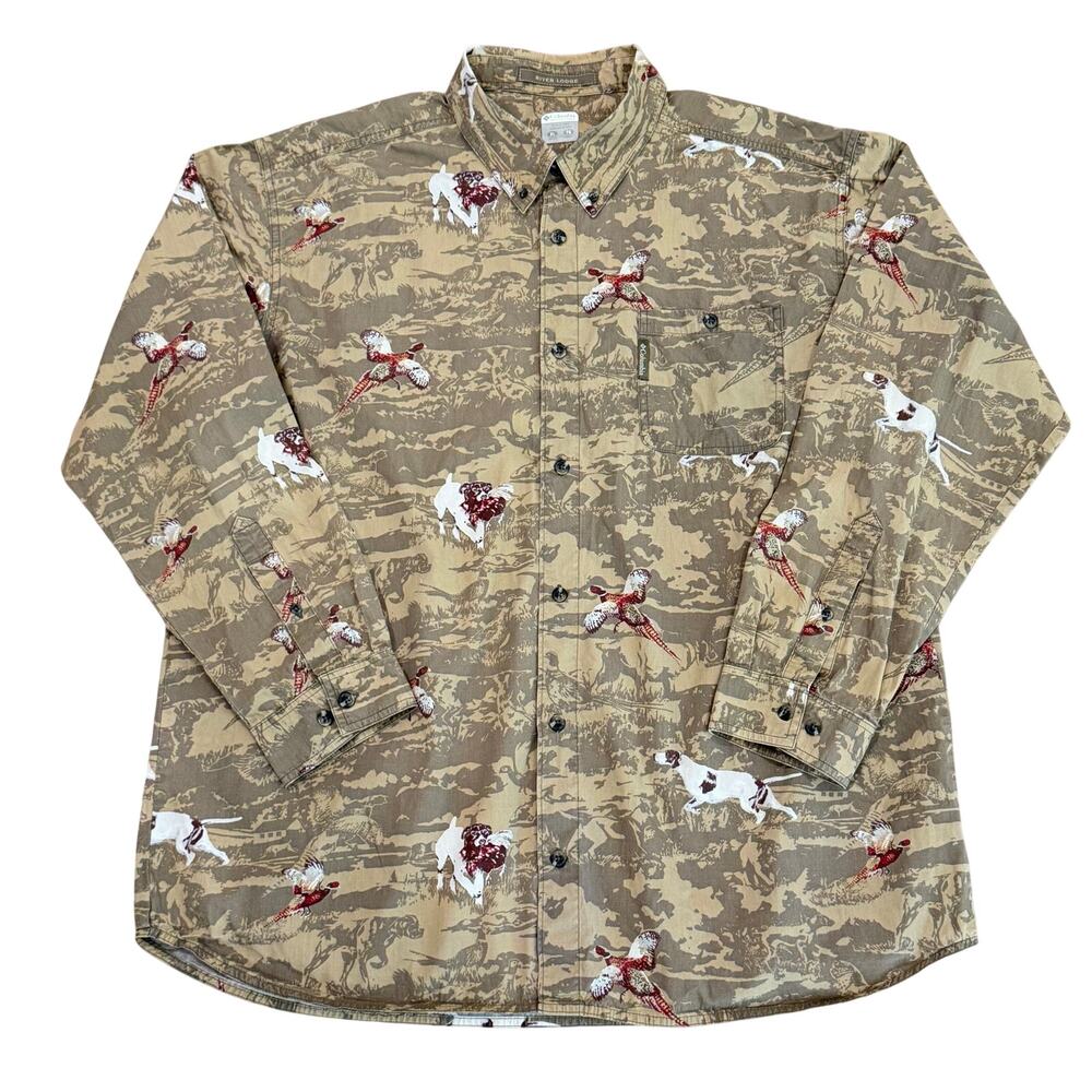 Columbia River Lodge Camo Hunting Shirt Dogs Pheasants Button‑Up Men’s XL